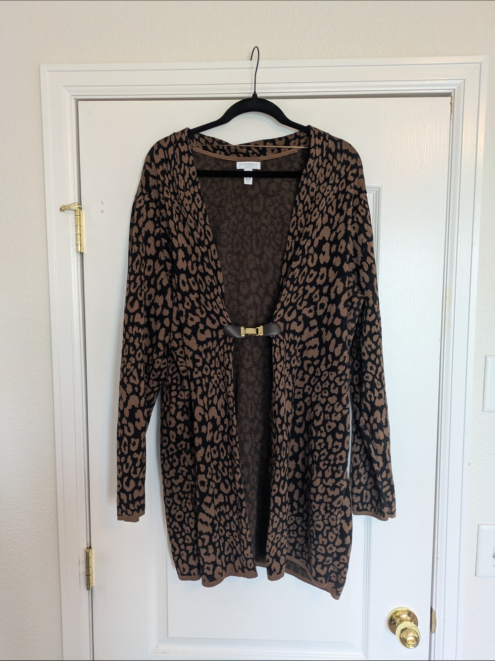 Charter Club Brown and Black Leopard Print Open Cardigan with Buckle